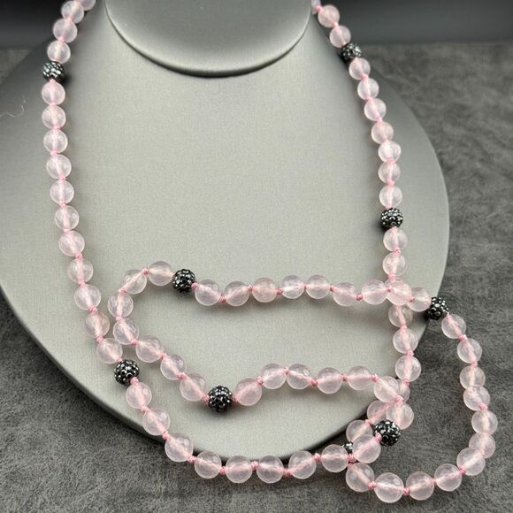 Faceted Rose Quartz Beaded Natural Stone Necklace 19" Soft Pink Black Elegant - Picture 2 of 10